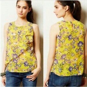 Anthro Yellow Floral Sleeveless Blouse with Ruffle on Bias HD in Paris